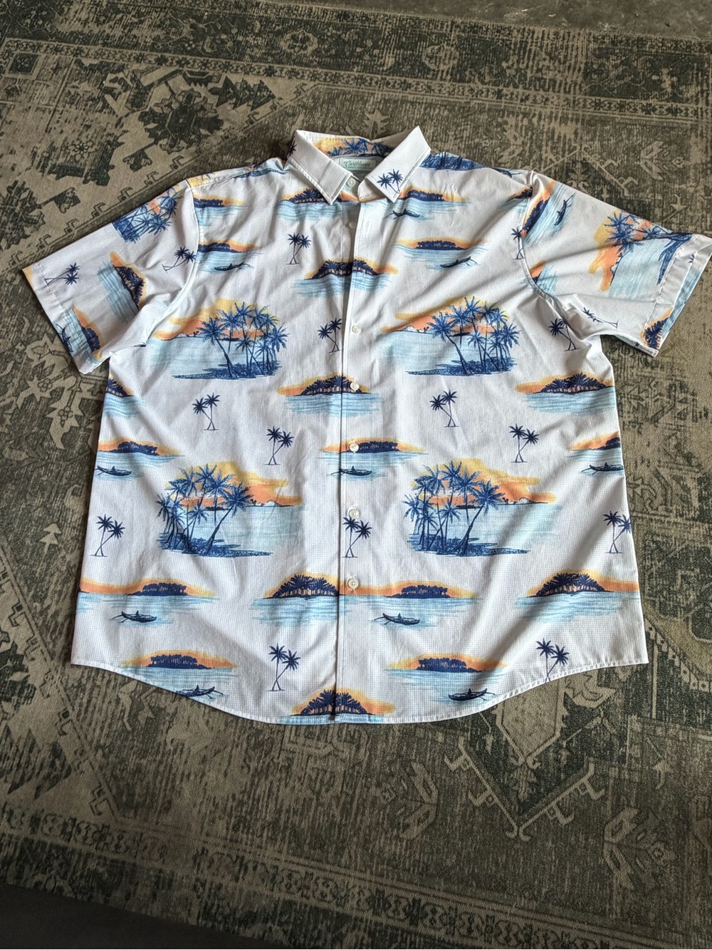 Caribbean brand Short-Sleeve Island Print Button-Down White, Blue & Orange 2XB